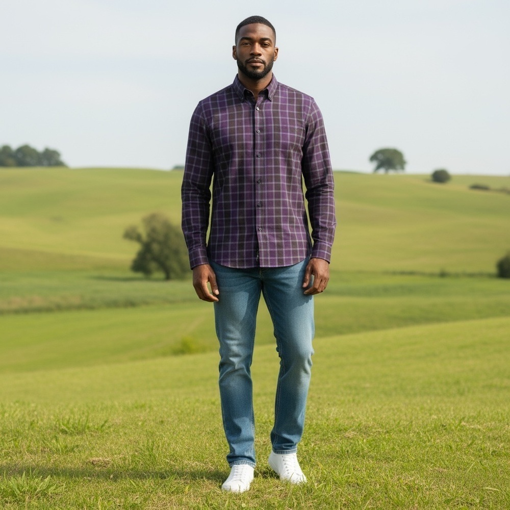 Sean John Purple and Black Button Down Plaid Casual Men's Shirt Sz 15 32/33